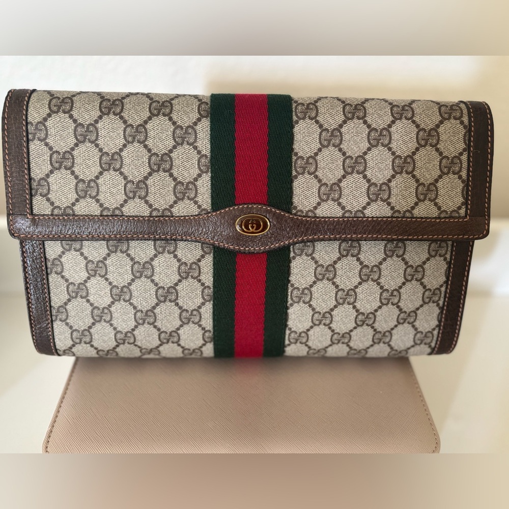 Gucci Beige Monogram Clutch with Red and Green Accent